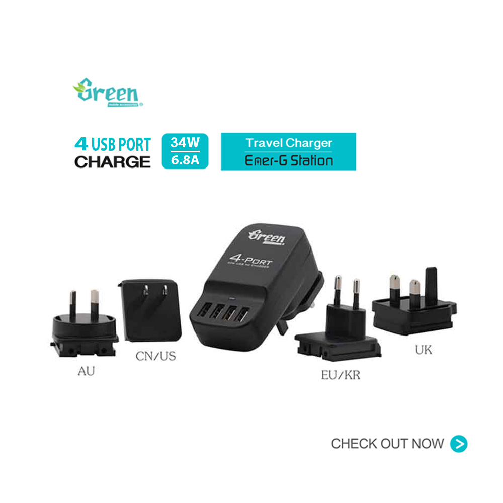 34W 4 Port USB 6.8A | Exchangeable AC Plugs Travel Charger GR-PA-4U