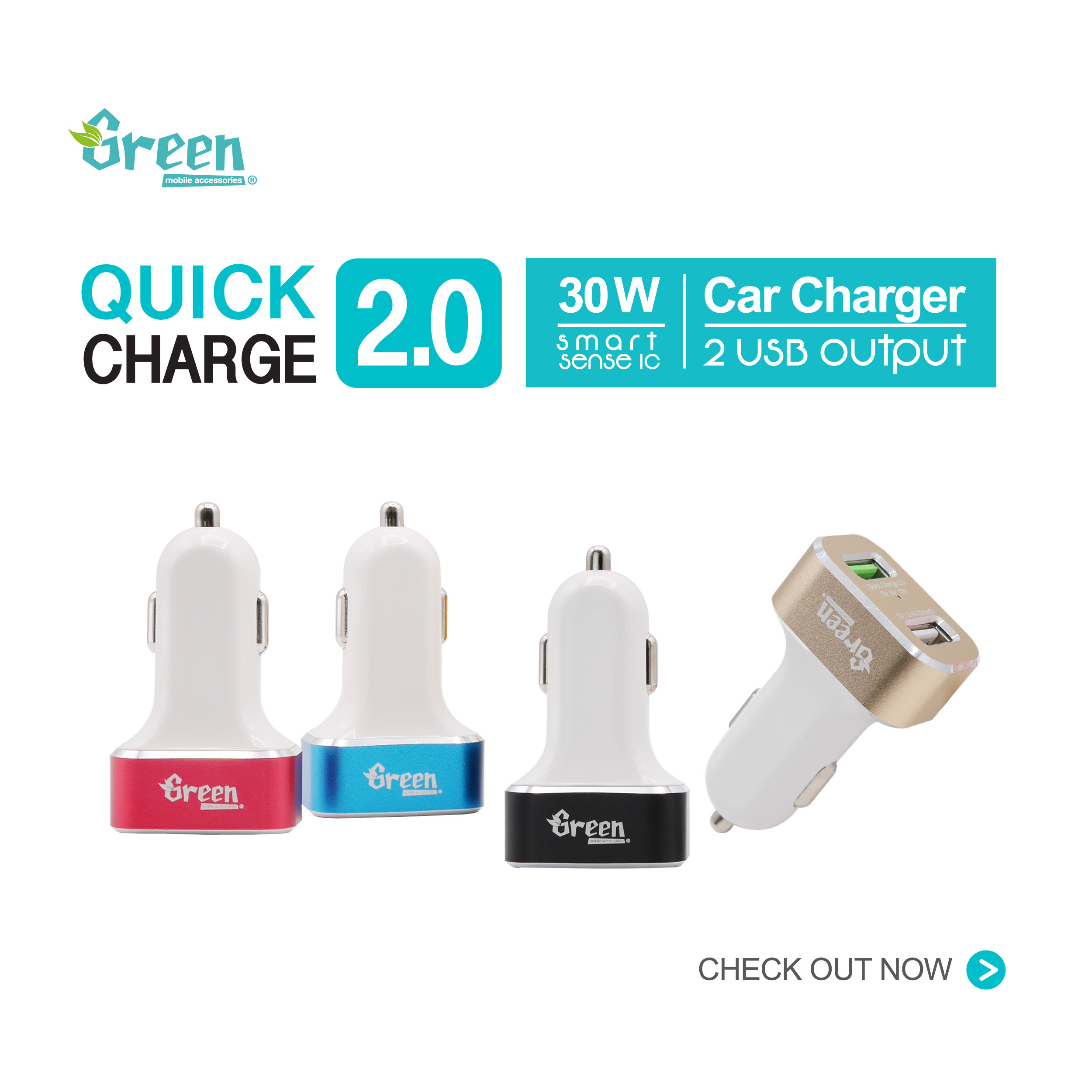 Quick Charge 2.0 30W 2 USB Port | Car Charger (White) GR-CC-QC20