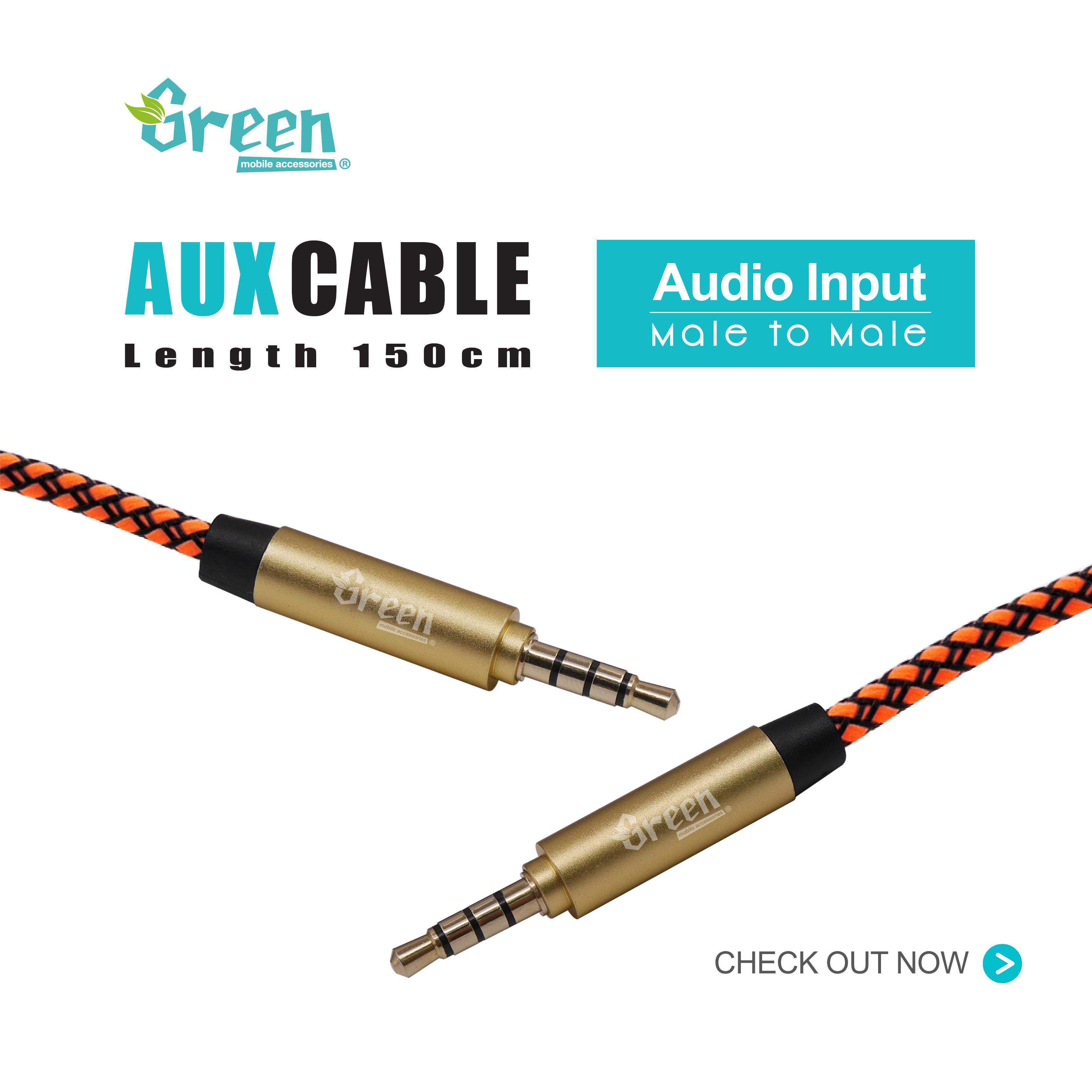 3.5mm Stereo Aux Audio Braided Cable Male To Male (5ft / 150cm) | GR-AUX150