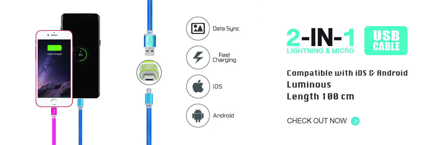 100cm Flat Cord | 2 In 1 Lightning & Micro USB Cable | Rapid Charge & Sync Data